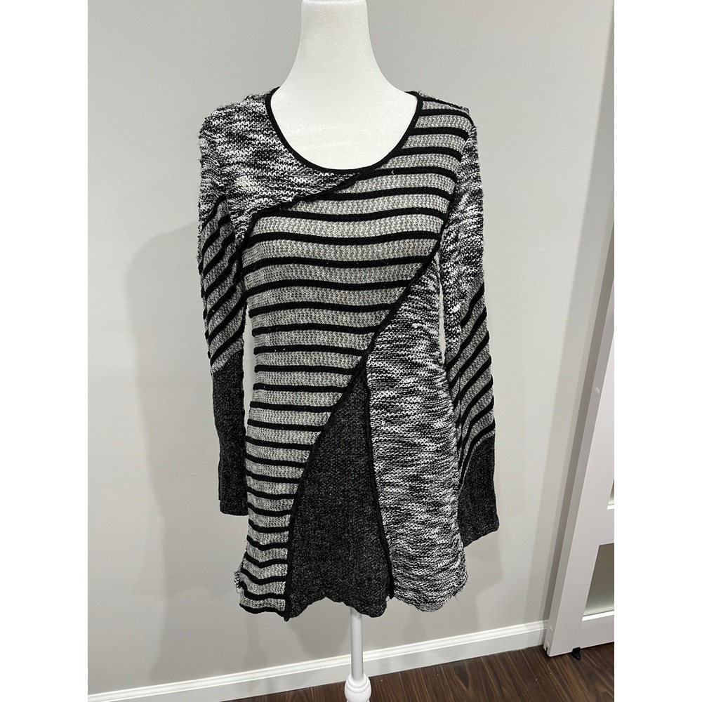 Alberto Makali Mixed Knit Patchwork Tunic Sweater Black White Striped‎ Medium
